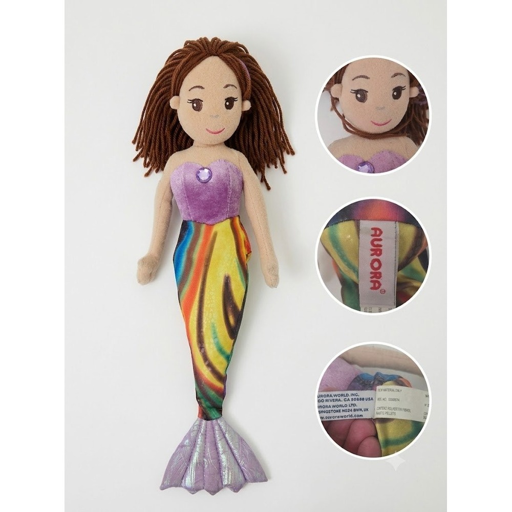 Aurora Sea Sparkles Mermaid Plush Doll 18in Rainbow Tail Yarn Hair Jewel Stuffed
